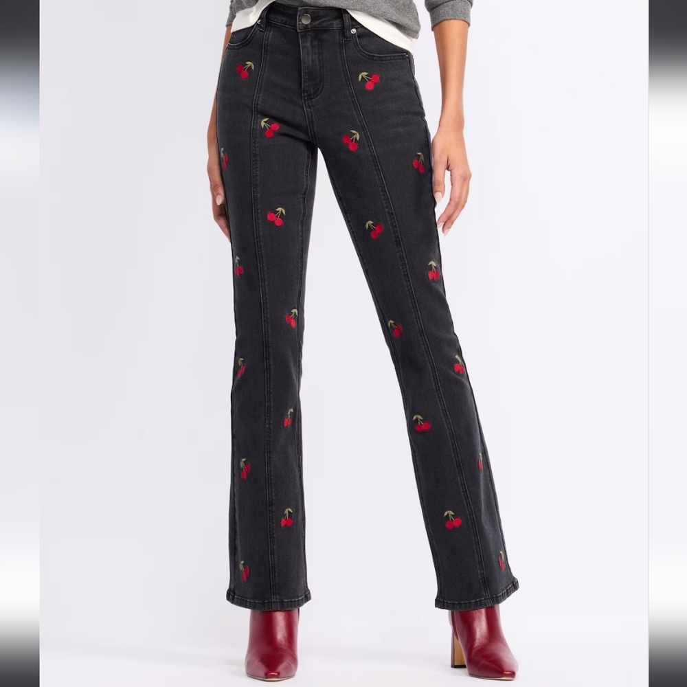NWT Poppy & Grace Black Cherry Embroidered Bootcut Jeans Sz 12